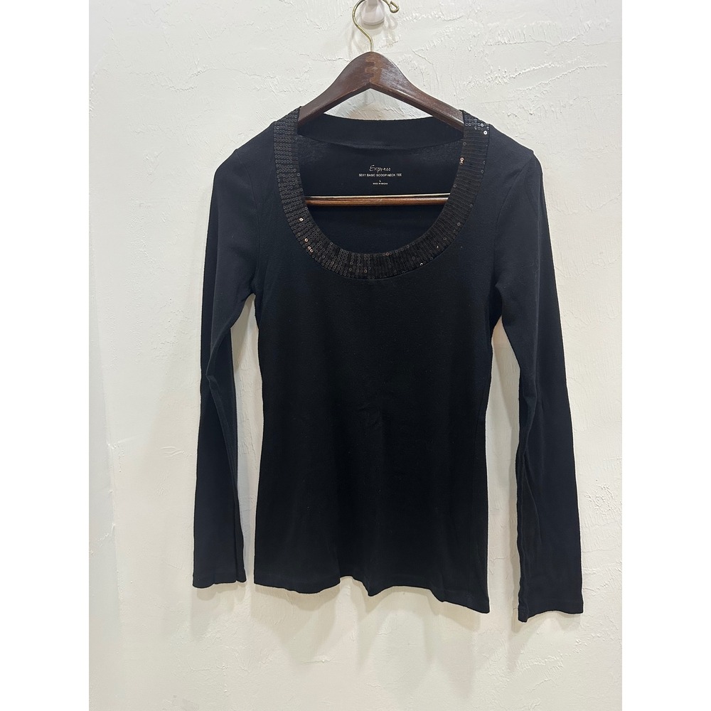 Express Womens Black Sequin Scoop Neck Long Sleeve Pima Cotton Modal Tee Large